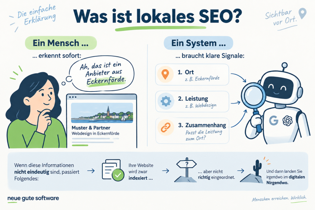 Ein Schema, das erklärt, was lokales SEO ist.